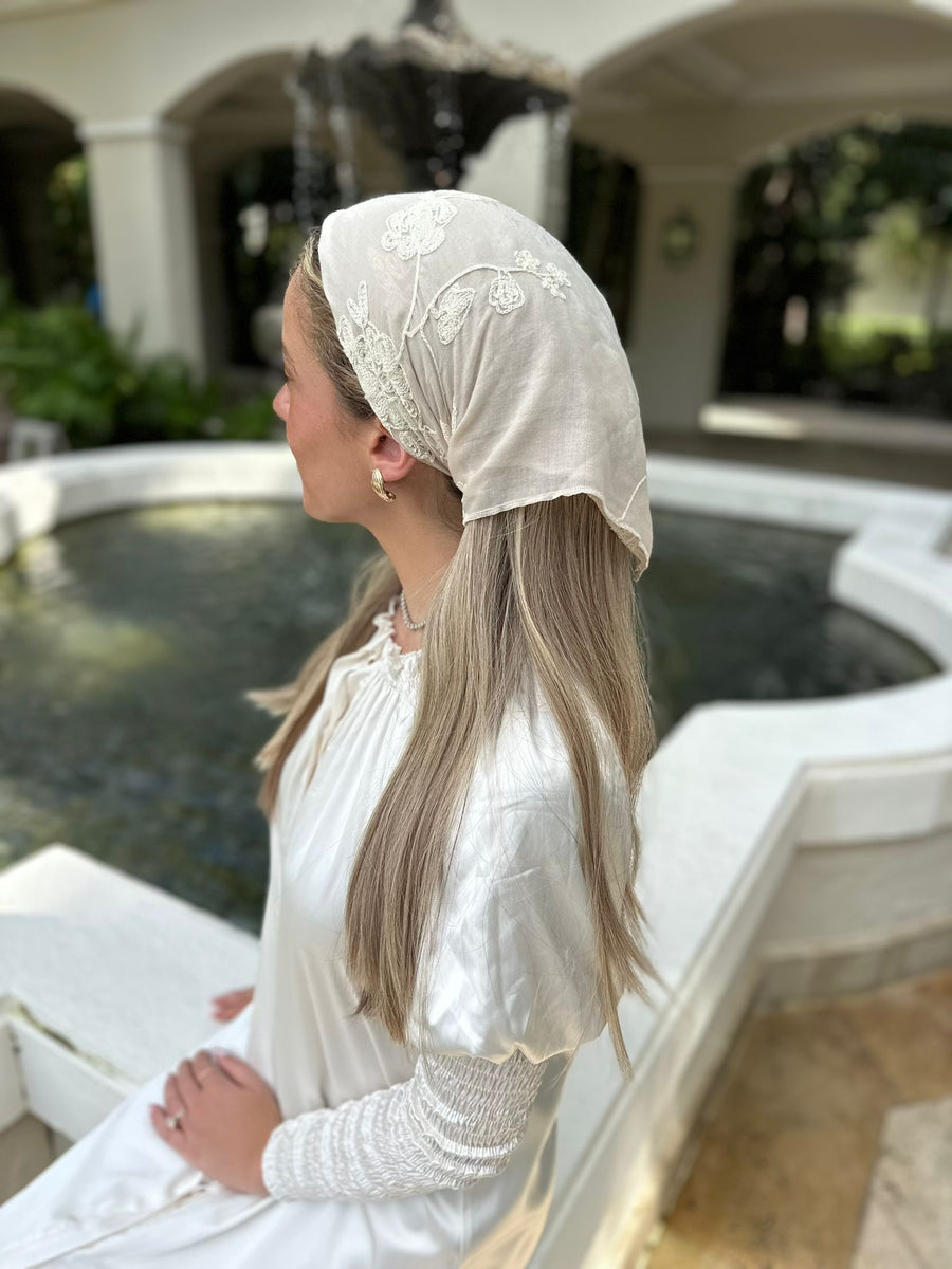 The Scarf Bar Embroidery Floral Cotton Bandana Oat/Cream