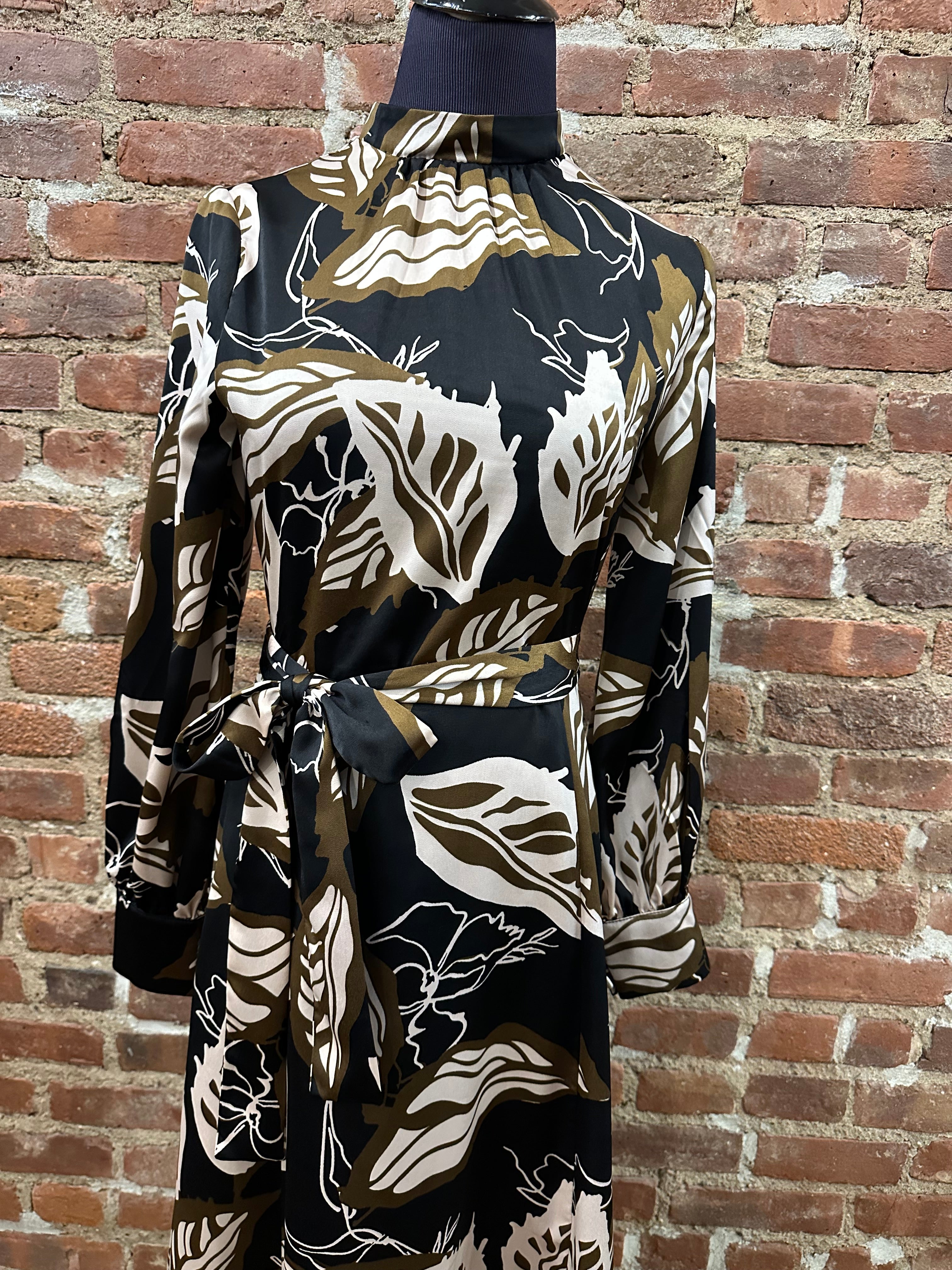 Caitlin Black Print Mock Neck Dress with Belt