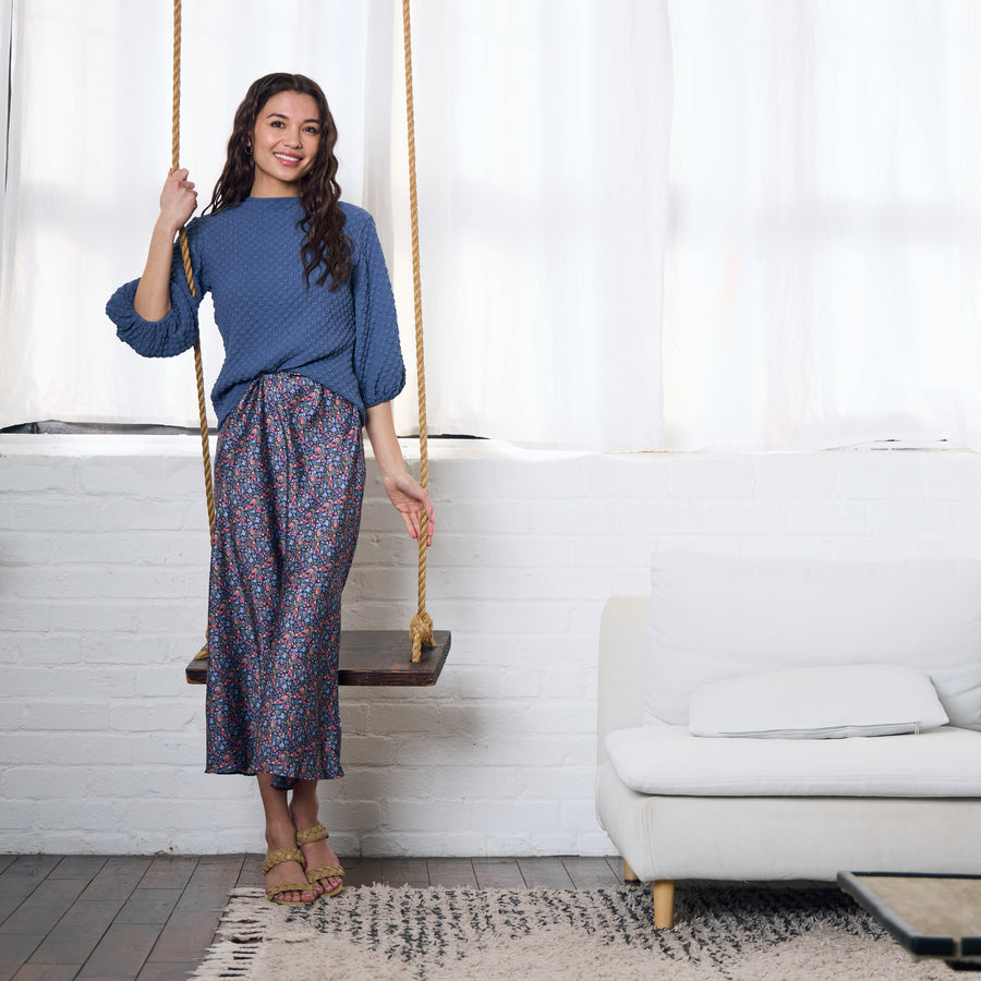 Japparel Cosmo Blue Floral Satin Tulip Skirt
