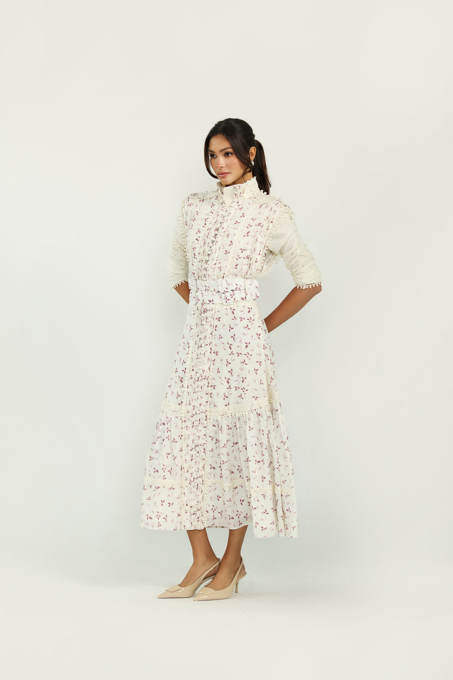 Ellie Makir Lilac Petal Midi Belted Dress