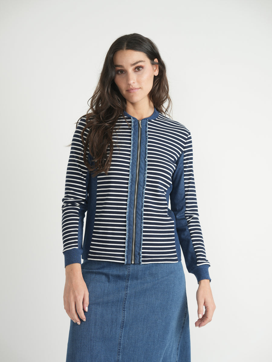 Dot Denim Striped Trim Top