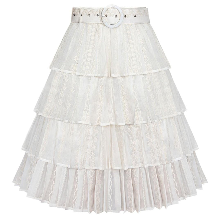 Esteem Hailey Layered Pleated Eyelet Lace Skirt with Belt