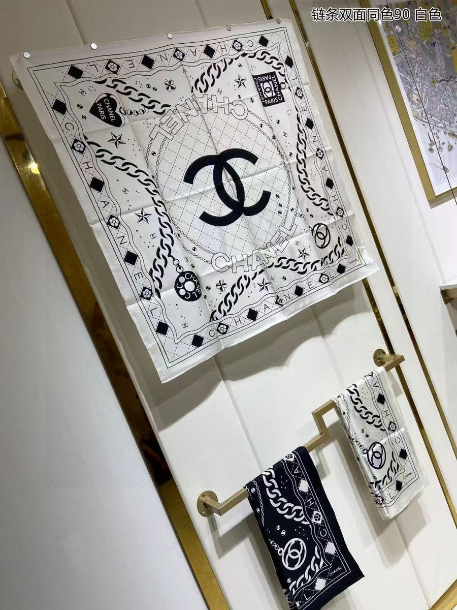 Chanel Links White Silk Scarf