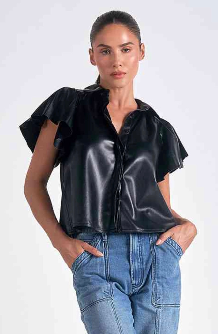 Elan Black Vegan Leather Cap Sleeve Top