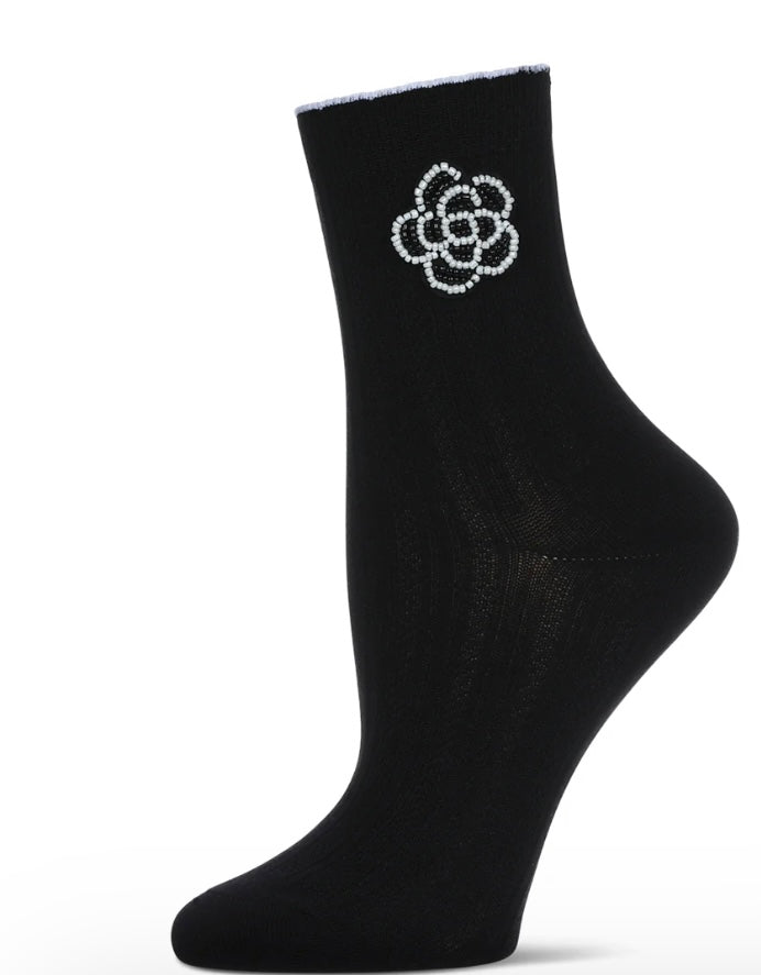 Memoi Beaded Blossom Crew Sock