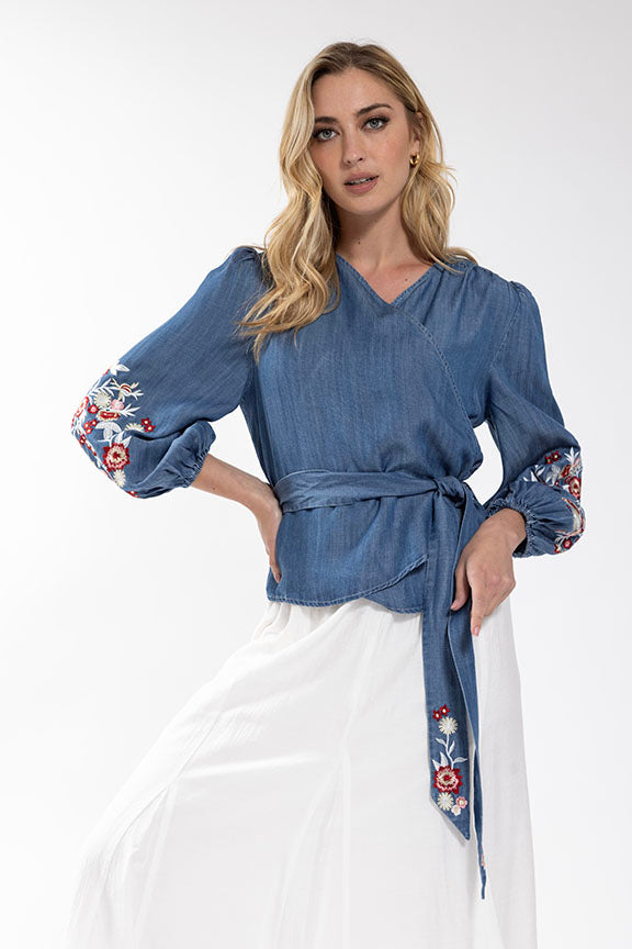 Maple Cliff Embroidered Denim Button Down Blouse (belt not included)