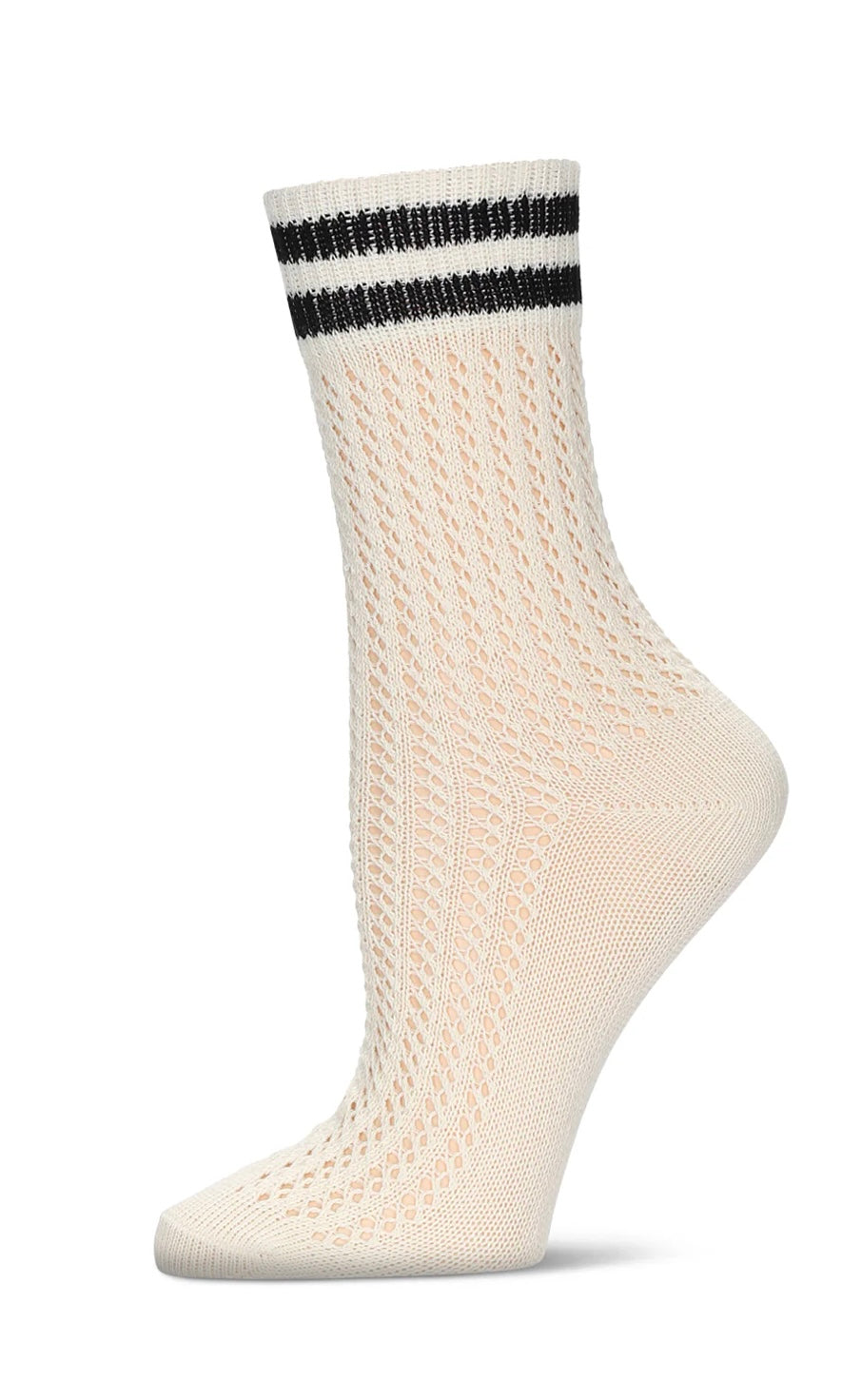 Memoi Pointelle Striped Crew Sock