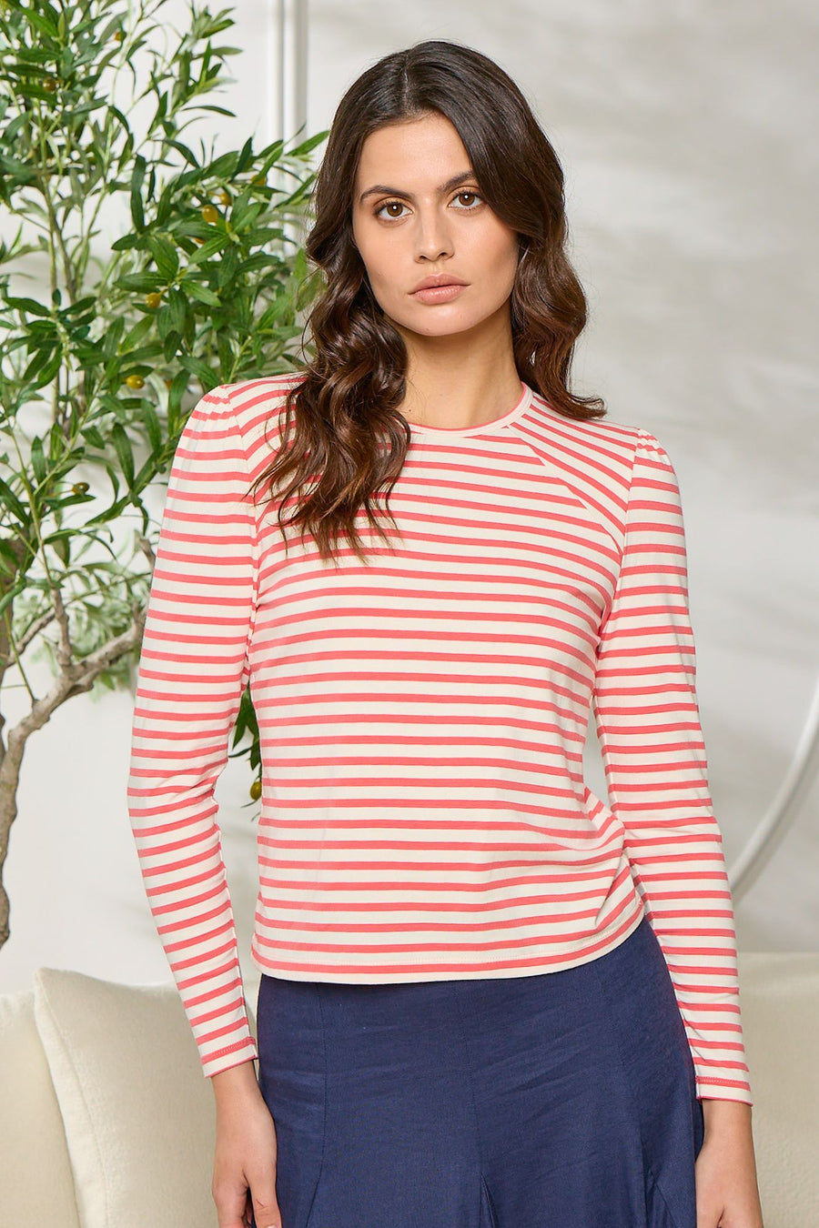Point Hibiscus Stripe Puff Sleeve Crew Top