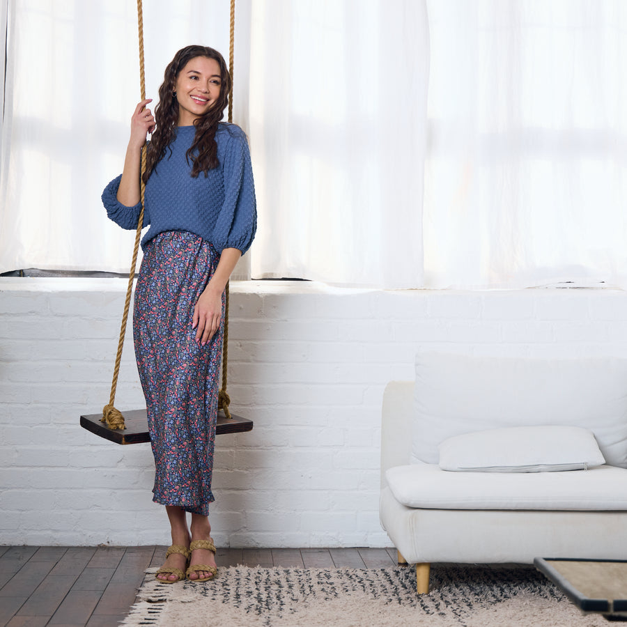 Japparel Cosmo Blue Floral Satin Tulip Skirt