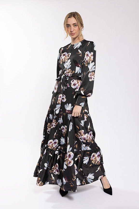 Soie Floral Waisted Tiered Dress