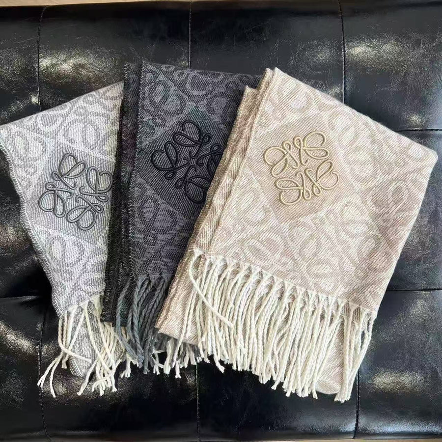 Loewe Charcoal Wool Logo Scarf with Fringe