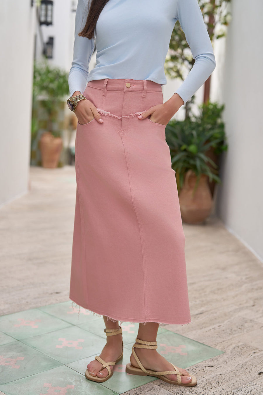 Adina Fray Denim Skirt in Peachy Pink