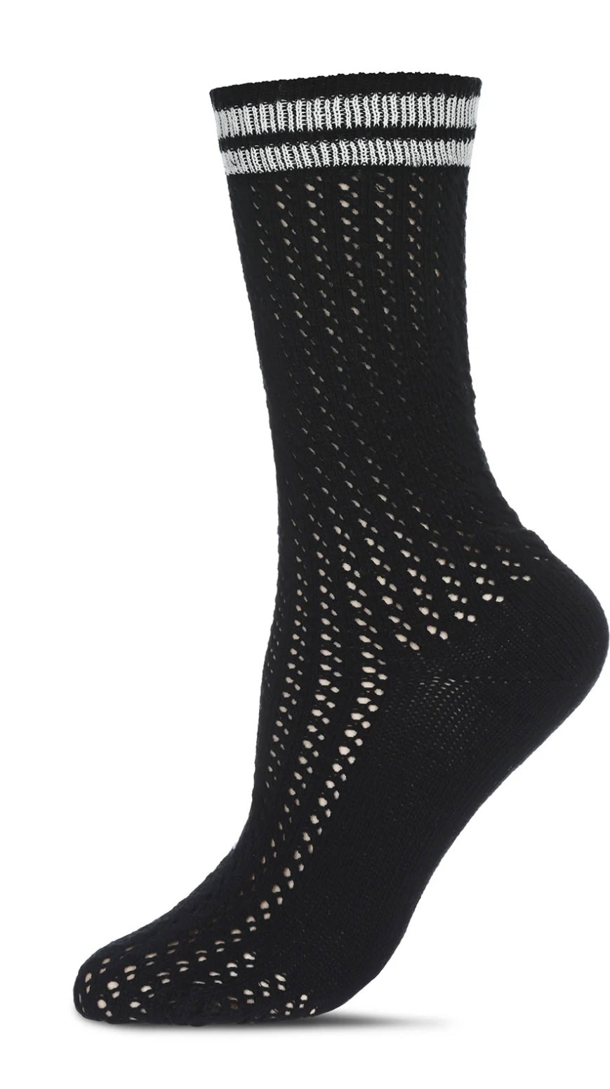 Memoi Pointelle Striped Crew Sock