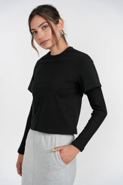 Luum Sloane Black Cotton Tee with Waffle Sleeve