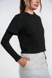Luum Sloane Black Cotton Tee with Waffle Sleeve