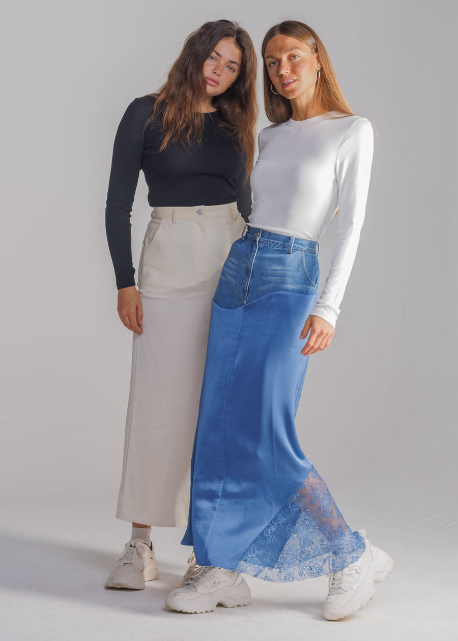 Nina Blue Denim and Satin Lace Skirt