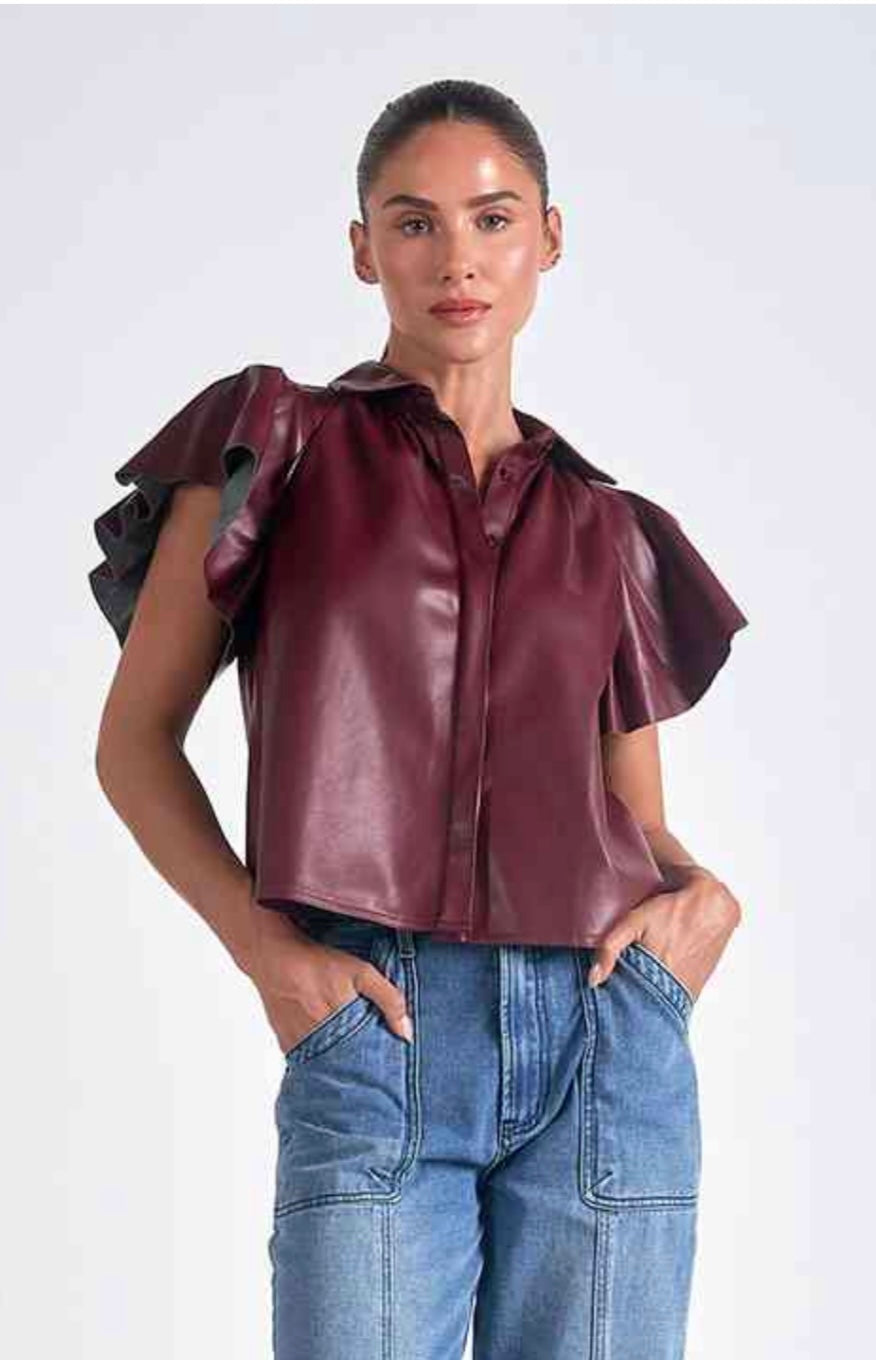 Elan Burgandy Vegan Leather Cap Sleeve Top