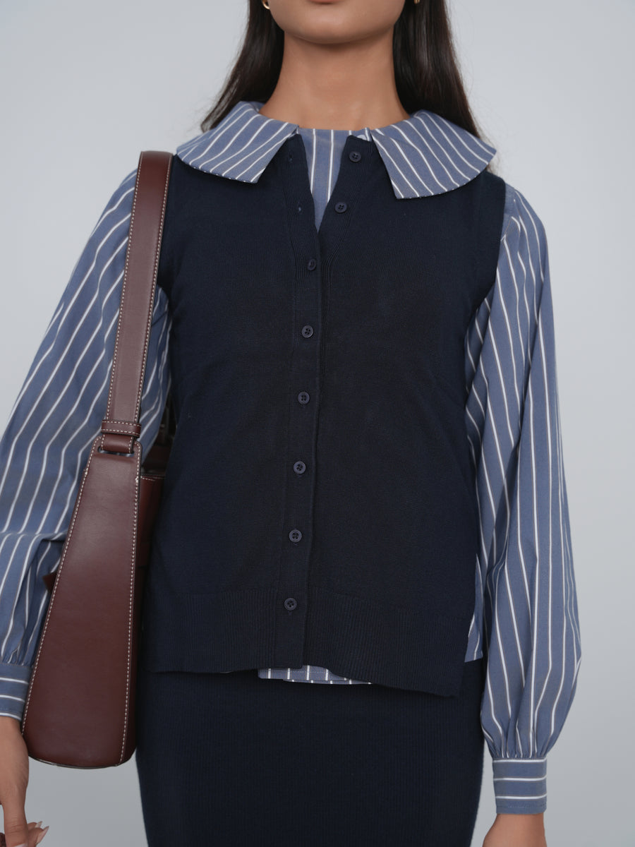 Point Double Breasted Navy Stripe Button Down Shirt