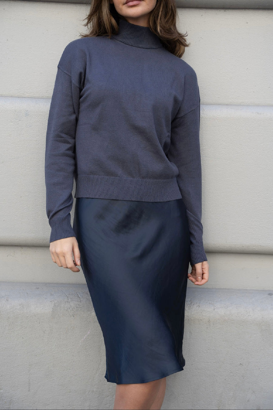 Mima Rosso Dark Slate Boxy Knit Mock Neck Top