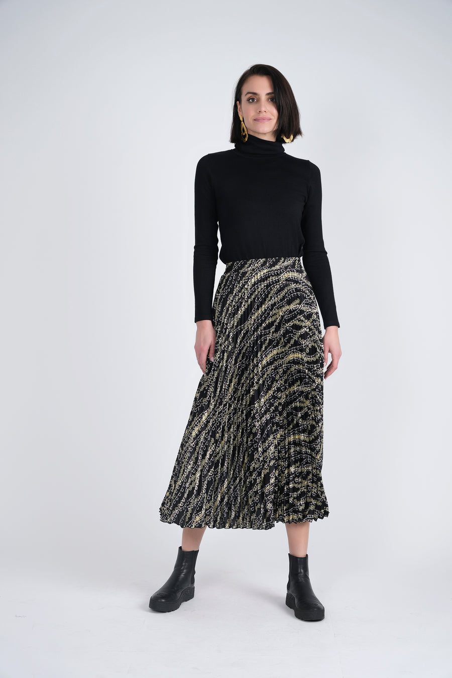 Mademoiselle Pleated Geometric Print Satin Midi Skirt