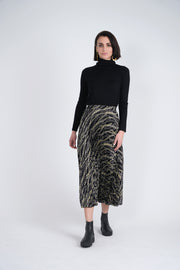 Mademoiselle Pleated Geometric Print Satin Midi Skirt