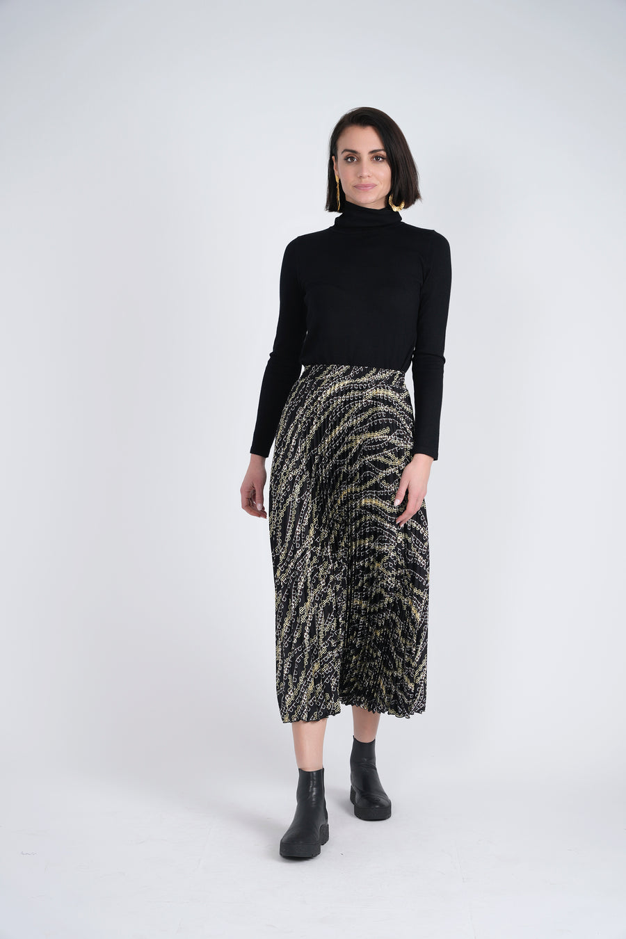 Mademoiselle Pleated Geometric Print Satin Midi Skirt