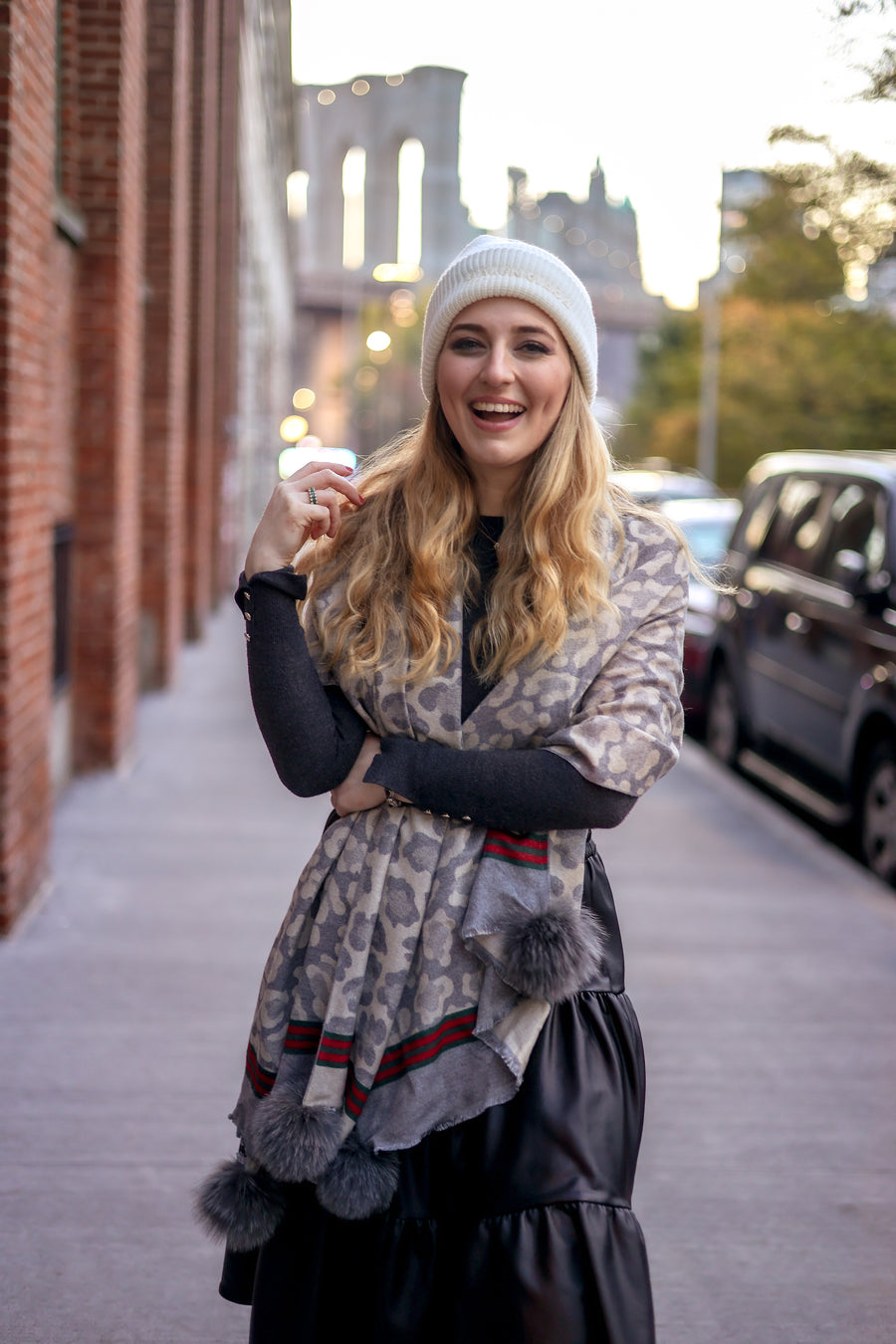 FHTH Leopard Print Scarf with Fur Pom SCC068