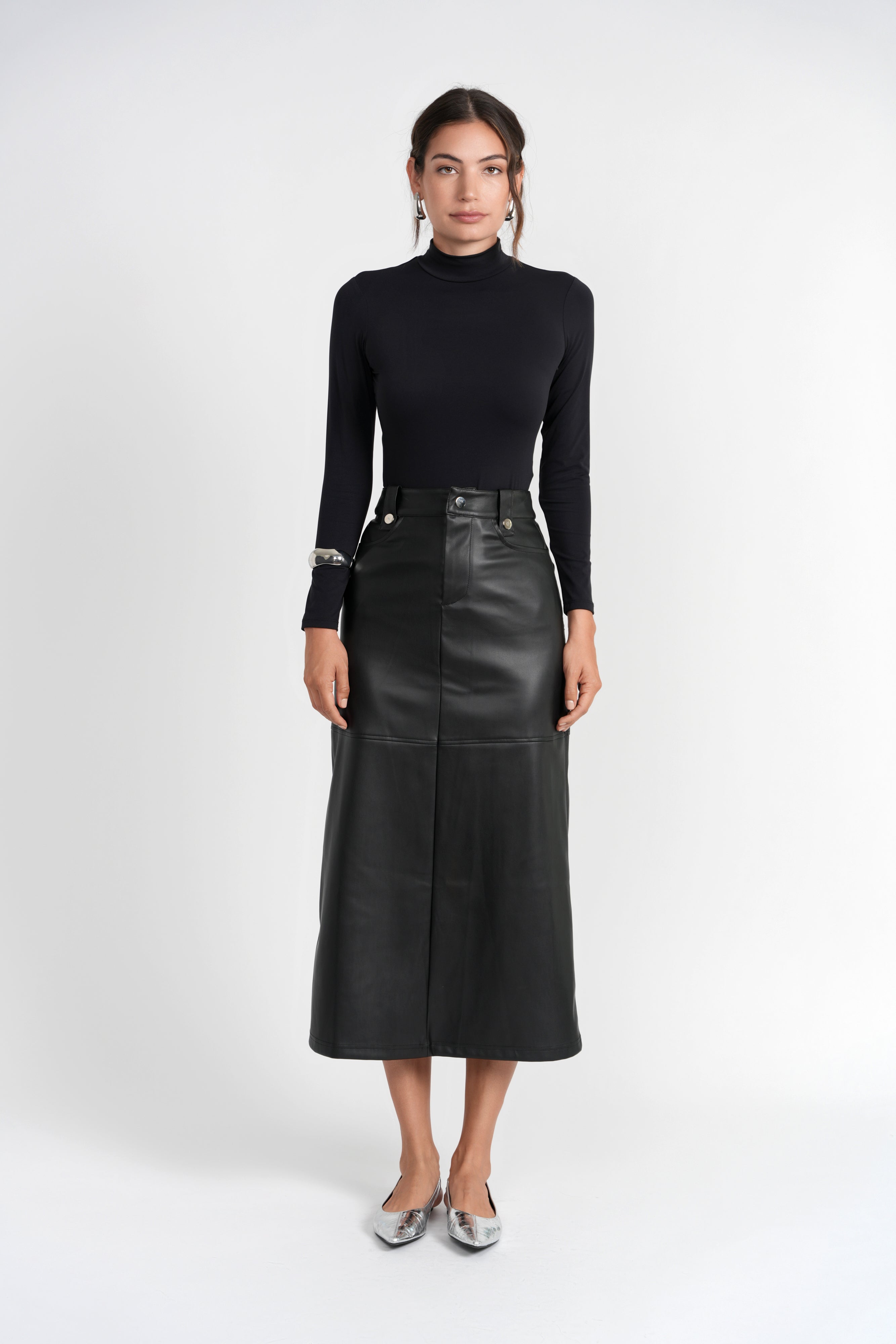 Luum Tanya Black Leather Aline Skirt with Gold Snaps