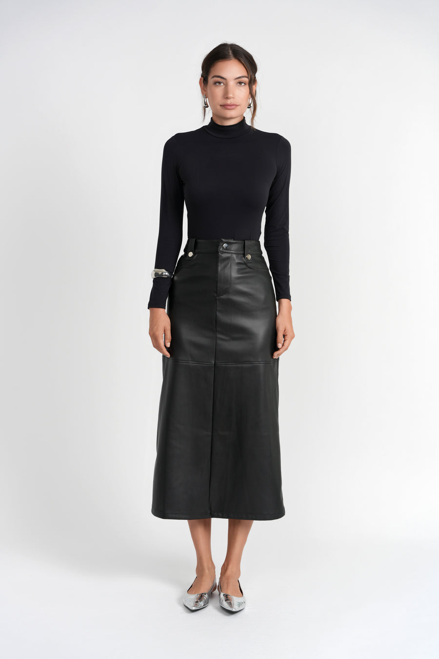 Luum Tanya Black Leather Aline Skirt with Gold Snaps