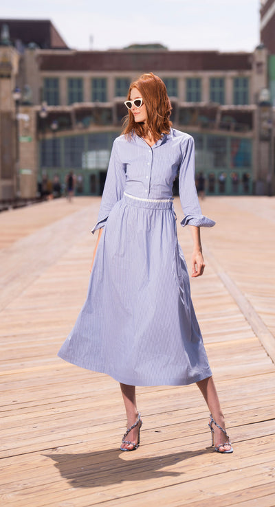 Luum Charlotte Blue Pinstripe Waisted Drawstring Maxi Skirt( coordinating with top)