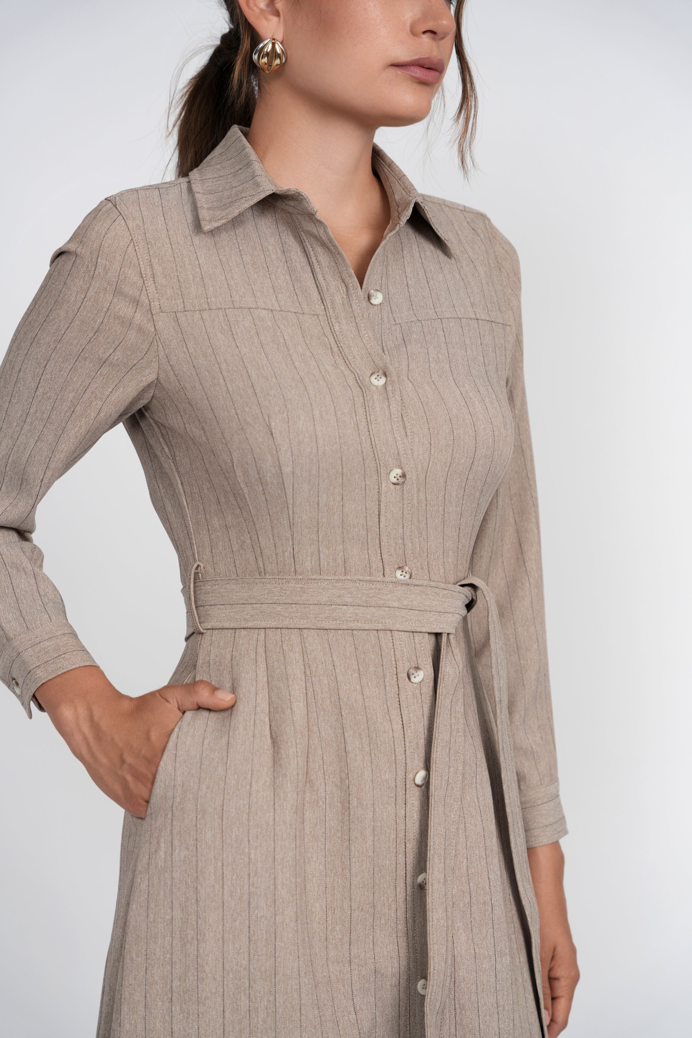 Luum Hazel Cream Pinstripe Buttom Maxi Dress with Belt