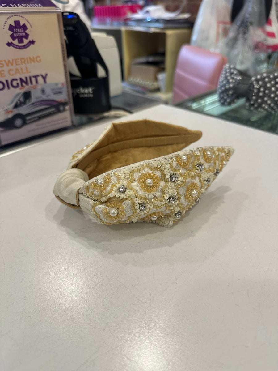 MiZ Ivory and Gold Floral Beaded Headband