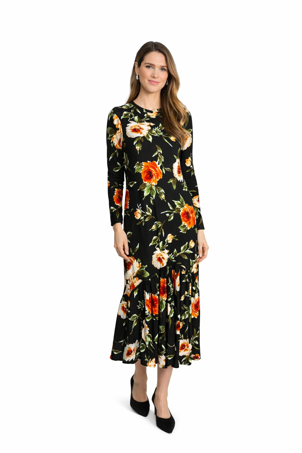 Japparel Liz Long Sleeve Ruffle Maxi Dress Black/floral / XS Japparel Liz Long Sleeve Ruffle Maxi Dress Black/floral / XS