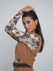 Point Argyle Floral Mock Neck Top