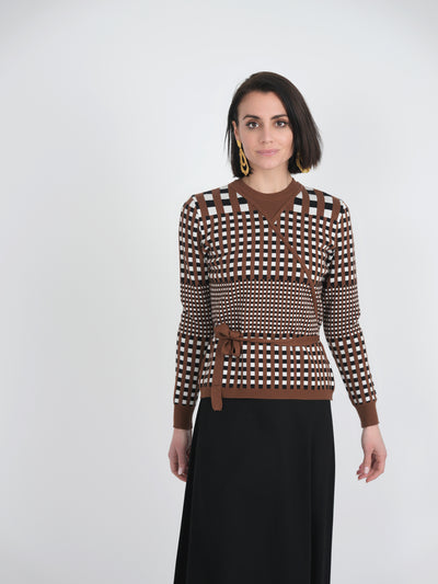 Birt Checker Wrap Knit Mock Neck  Sweater