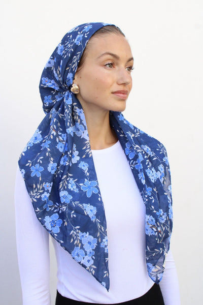 The Scarf Bar Deep Blue Floral Pre Tied with Velvet Pre Tied