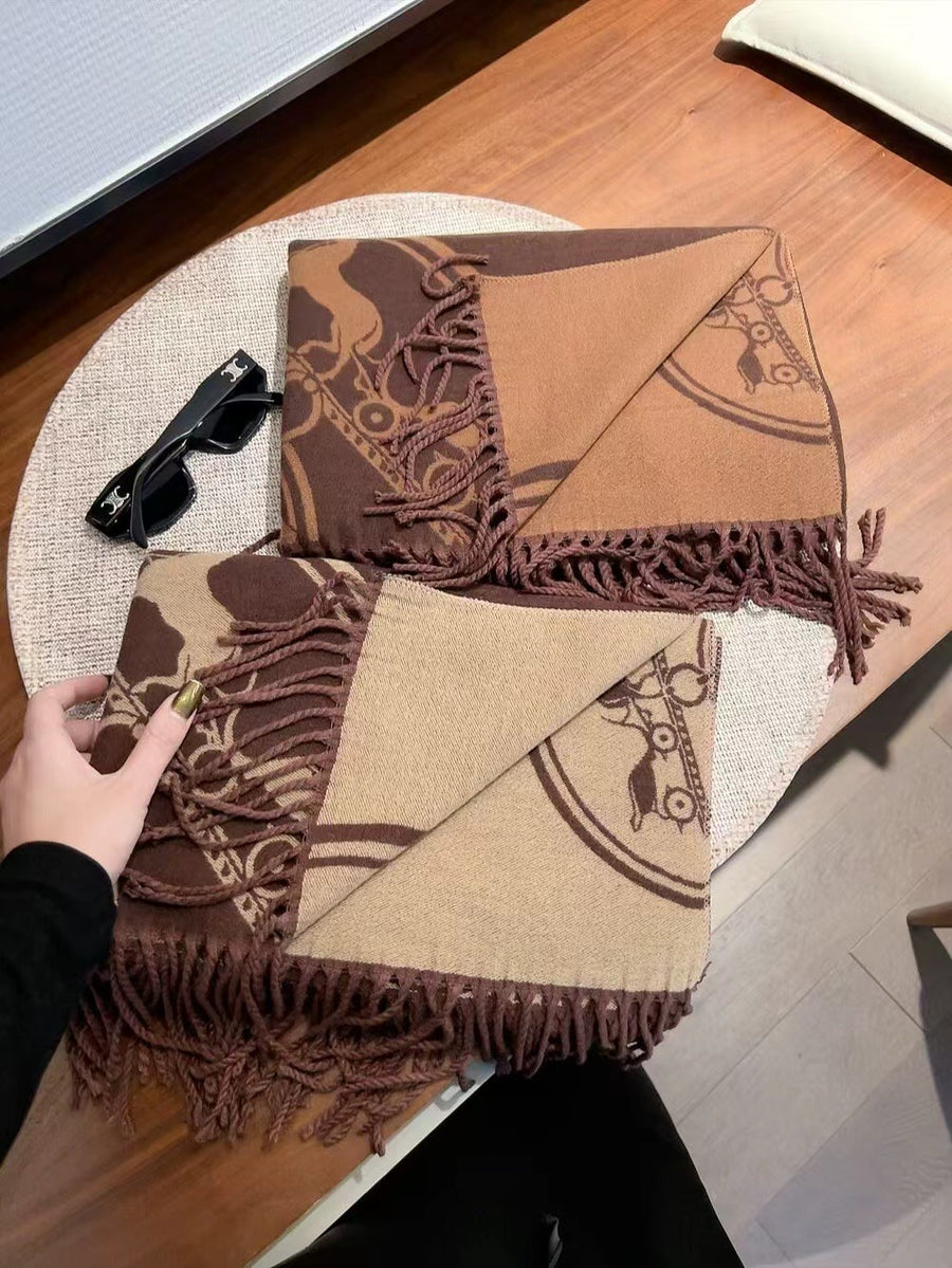 Hermes Cashmere Reversible Logo Scarf with Fringe