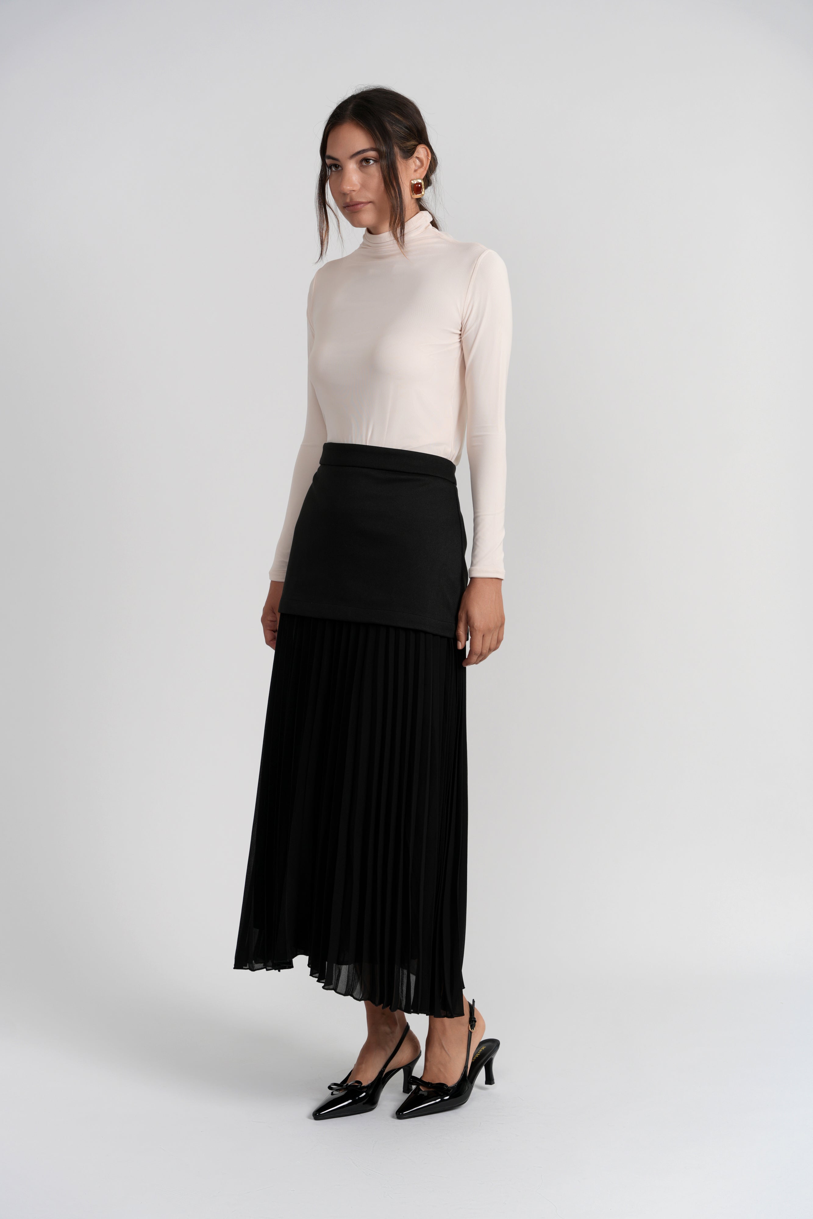 Luum Rose Black Maxi Knit Skirt With Chiffon Pleats