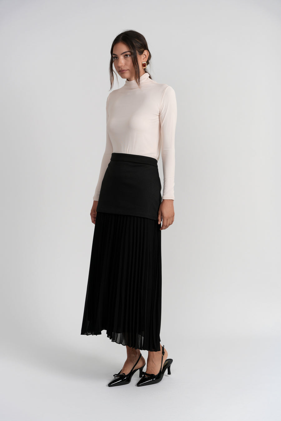 Luum Rose Black Maxi Knit Skirt With Chiffon Pleats