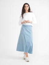 Faves Chambray Denim Midi Wrap Skirt