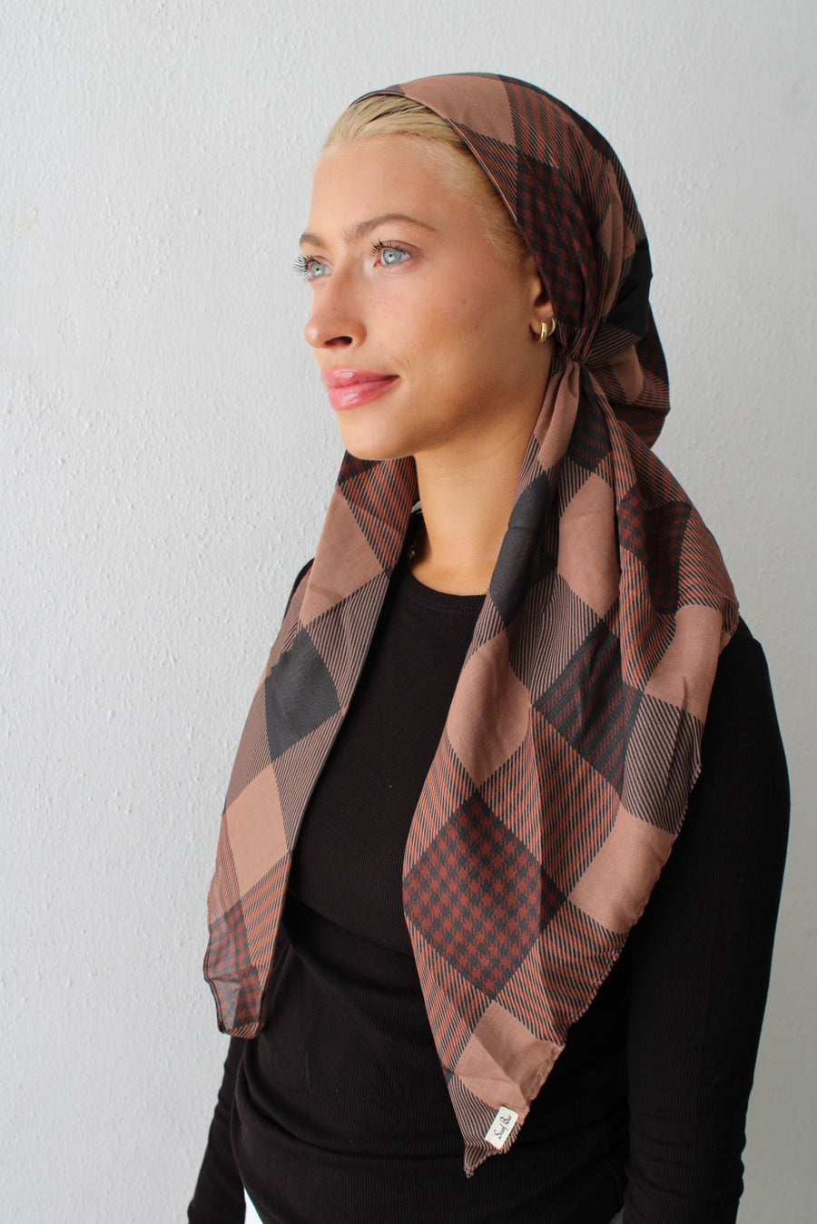The Scarf Bar Caramel Plaid Pre Tied with Velvet Grip