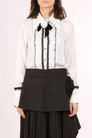 Beulah White Blouse with Black Trim and White Flower