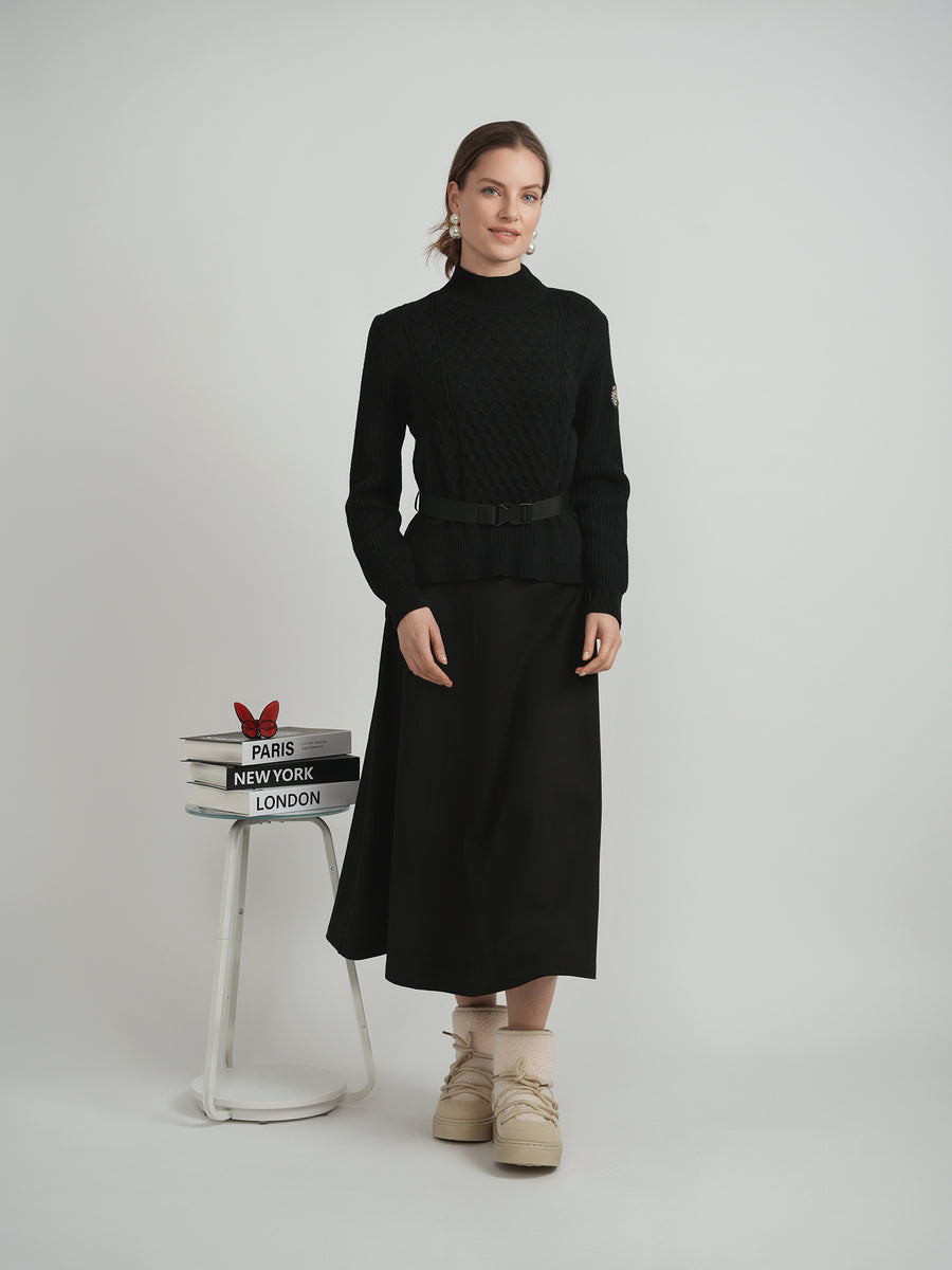 Miumax Cable Knit Quilted Sweater with Belt