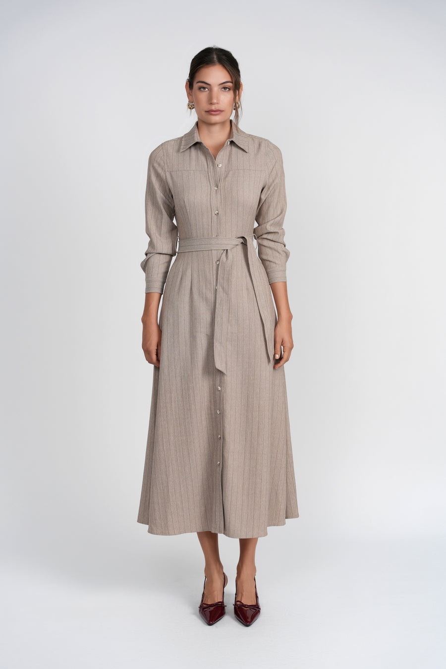 Luum Hazel Cream Pinstripe Buttom Maxi Dress with Belt