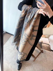 Hermes Cashmere Reversible Logo Scarf with Fringe