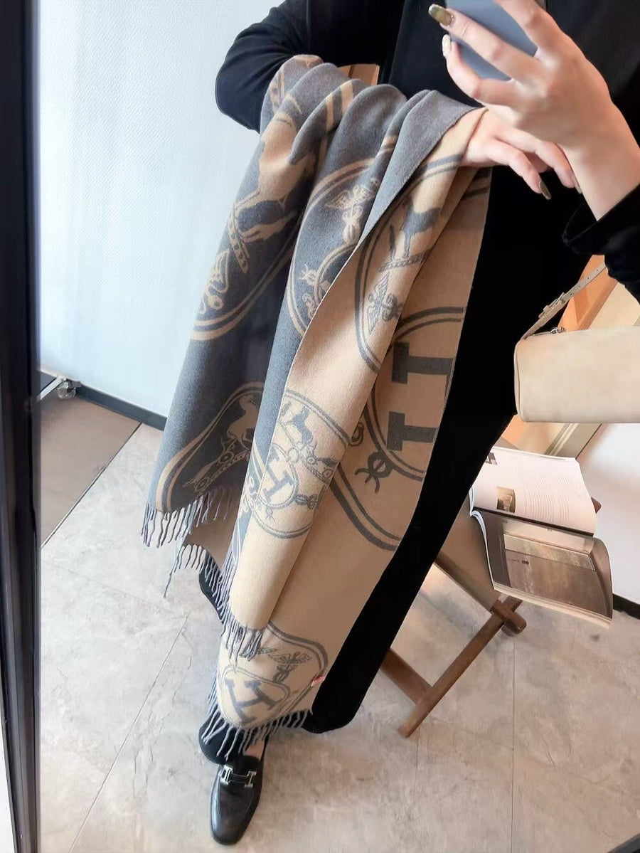Hermes Cashmere Reversible Logo Scarf with Fringe