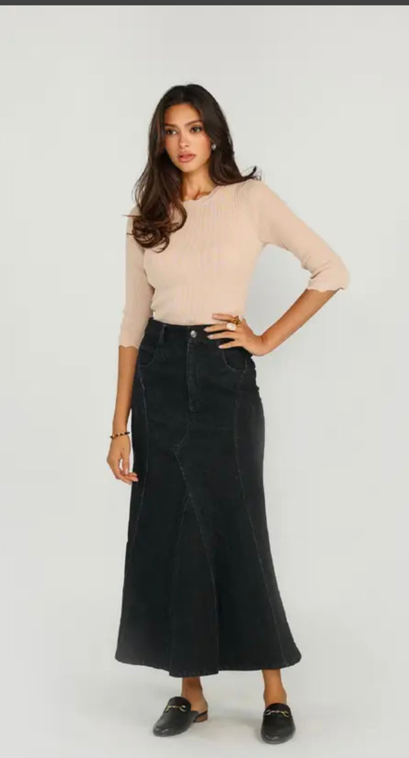 Ellie Makir Tailored Flair Denim Skirt