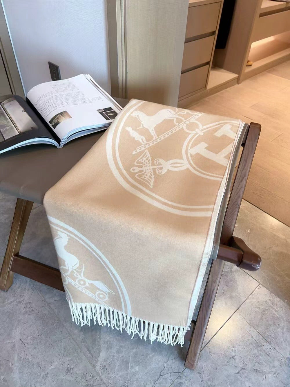 Hermes Cashmere Reversible Logo Scarf with Fringe