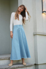 Faves Denim Aline Fringe Maxi  Skirt