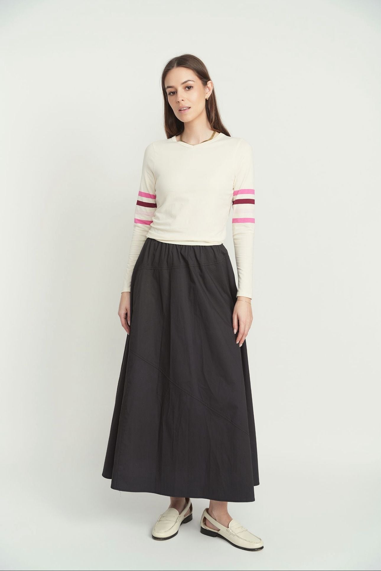 Point Cream Sleeve and Pink Stripe Top